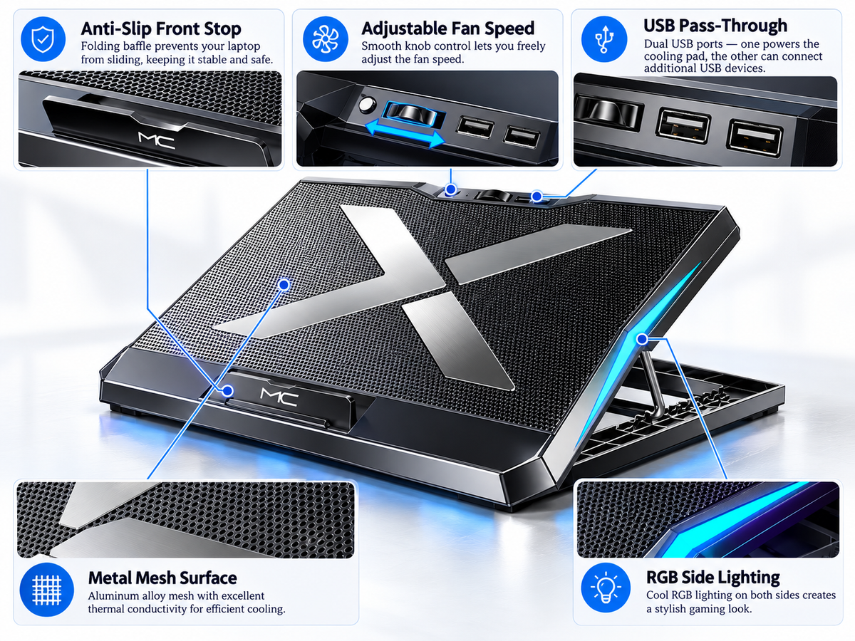 Q3 Gaming Laptop Cooling Pad – 6 Fans & Adjustable Height