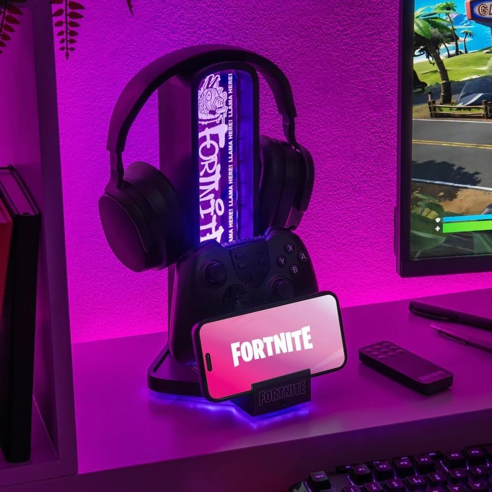 Fortnite 3-In-1 Headphone Stand and Tech Charging Station with Console Controller Cradle and 2 USB-C Ports, RGB Colour Changing Light Panel, Officially Licensed Gift for Gamers