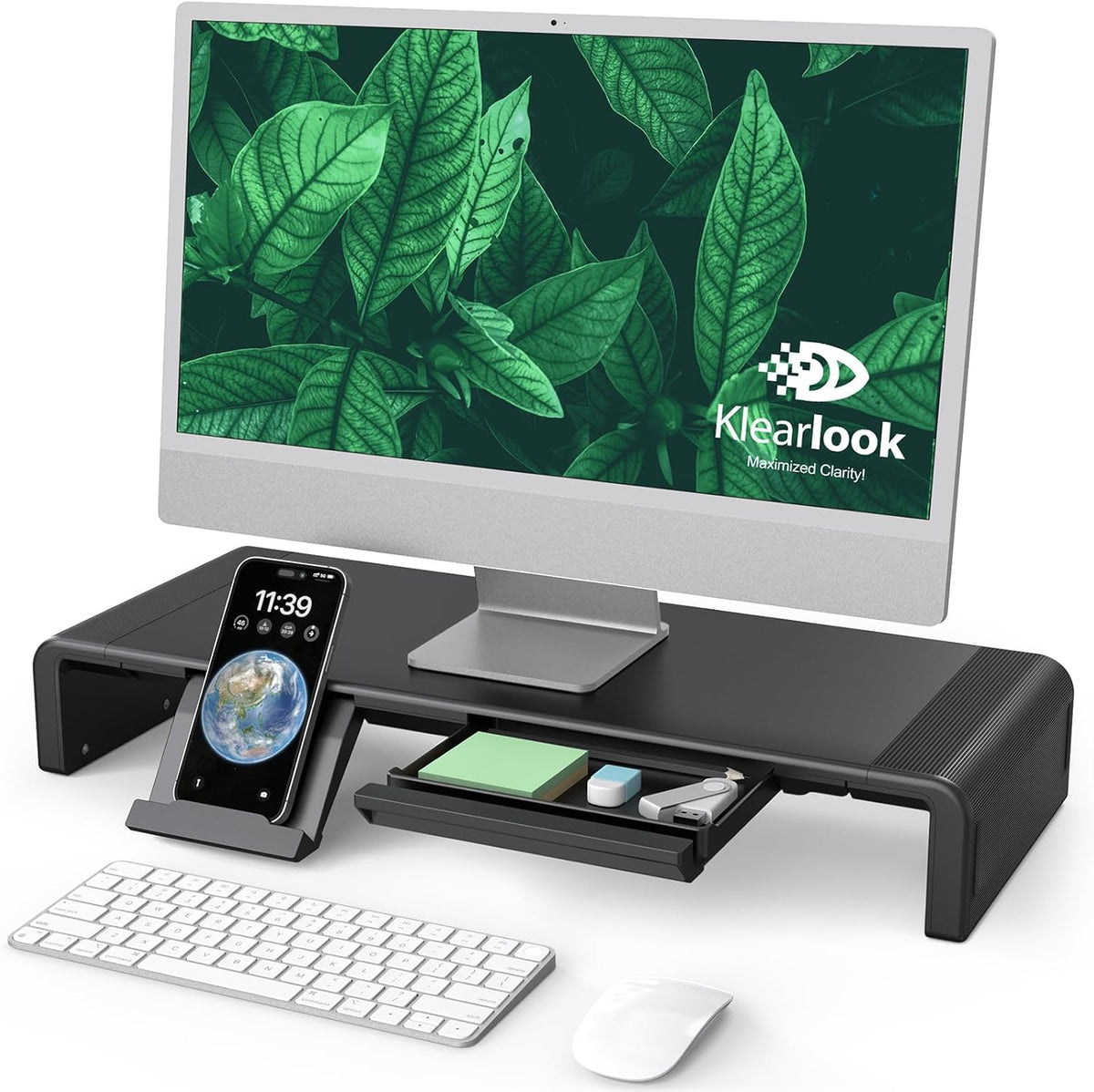 Foldable Monitor Stand - Klearlook Computer Monitor Riser with Storage Drawer&Tablet Phone Stand| Width Adjustable Monitor Stands for Desks| Desk Shelf Riser for Computer, Desktop, Laptop| White