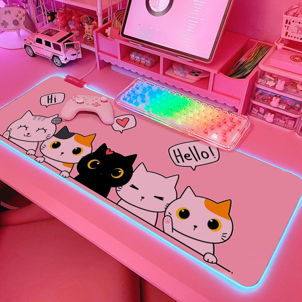 Kawaii RGB Gaming Mouse Pad PC XL Large Extended Glowing Led Light up Desk Pad Non-Slip Rubber Base Computer Keyboard and Mouse Pad Cool Cute Mousepad Mat Gaming over 80 * 30Cm