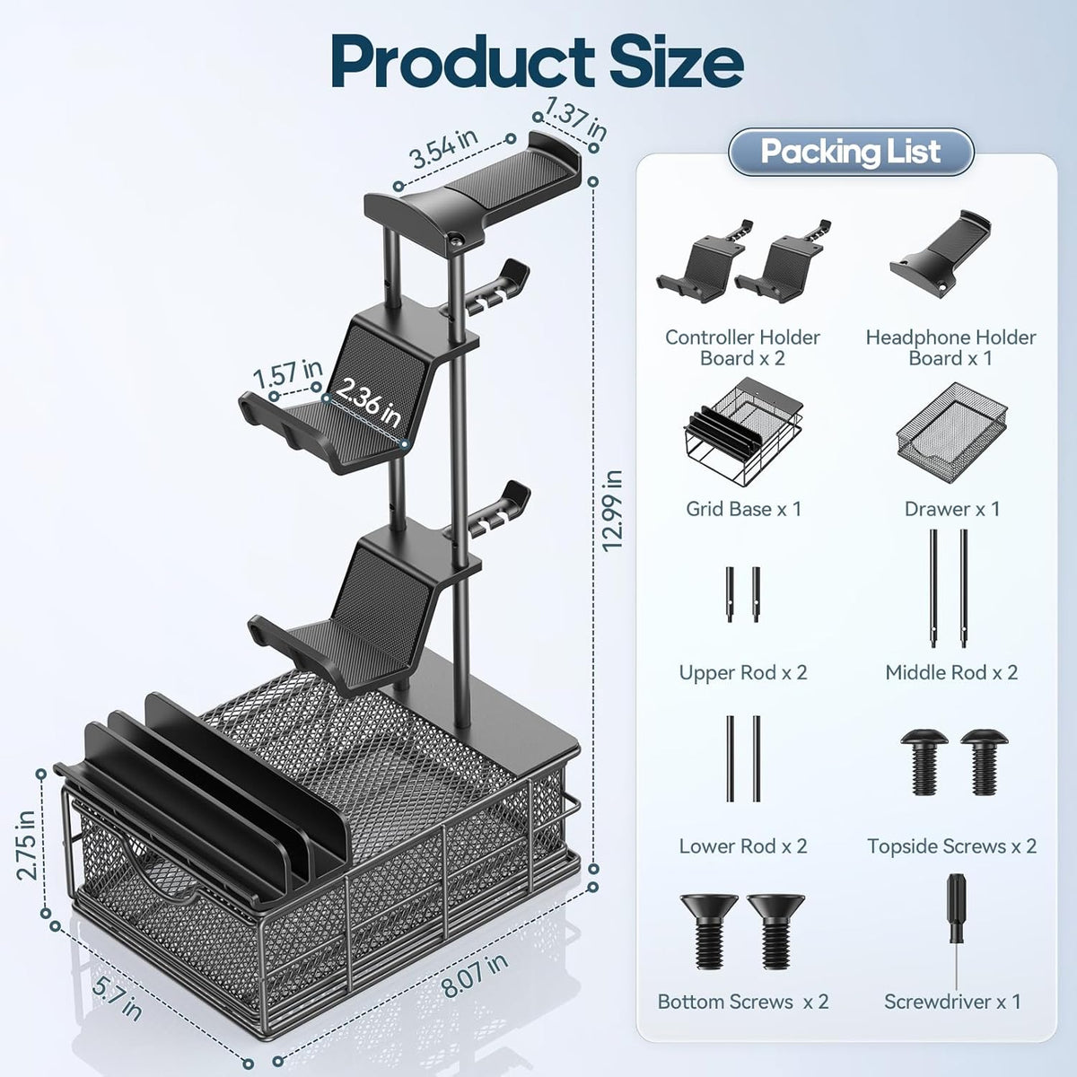 Headphone Stand with Drawer & Cable Organizer - Controller Stand Holder for Desk, Aluminum Supporting Bar Earphone Stand - Universal Headset Holder for Gaming PC Accessories Storage