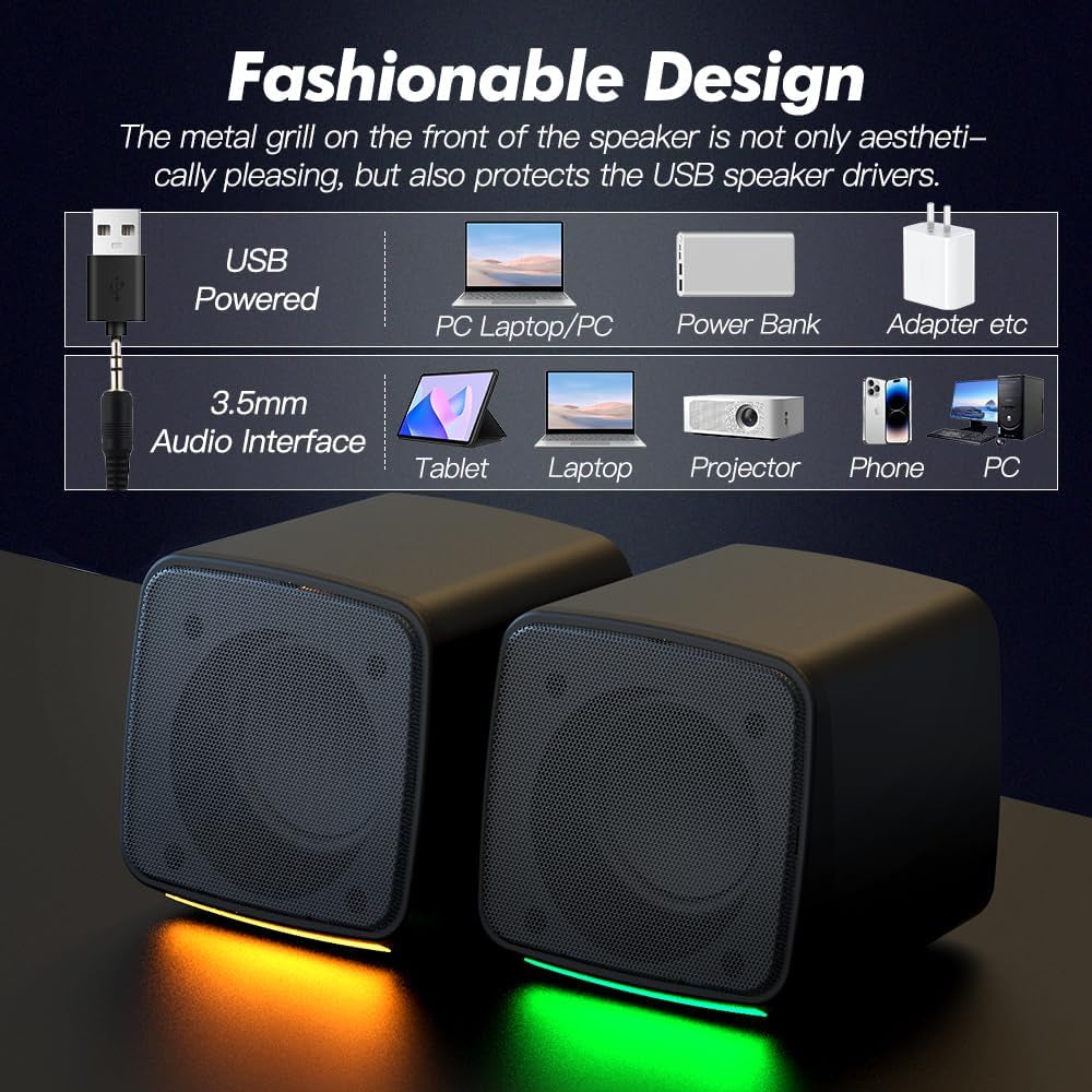 PC Speakers, USB Powered Speaker Set, Jack AUX 3.5Mm,Portable Mini Speaker for Laptop Smartphones MAC, Colorful RGB Lights