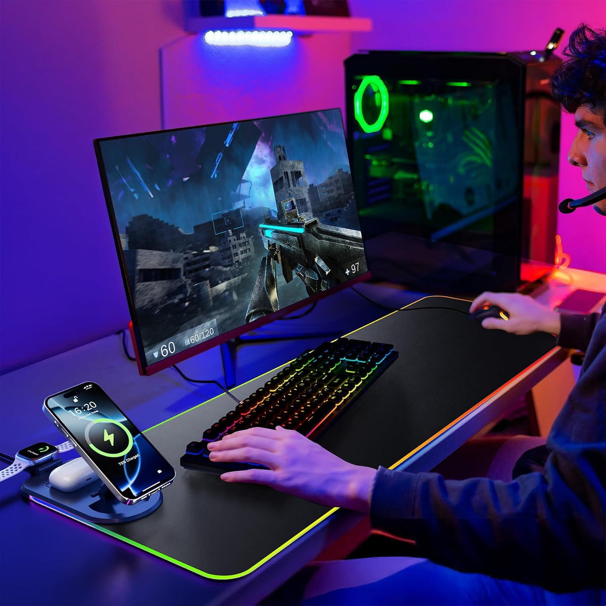 Wireless Charging Mouse Pad 15W RGB Gaming Mouse Mat, Waterproof Desk Mat with Phone Holder, 900X300X4Mm Extra Large Mousepad, Non-Slip Base LED Computer Keyboard Mat for PC Laptop, Black