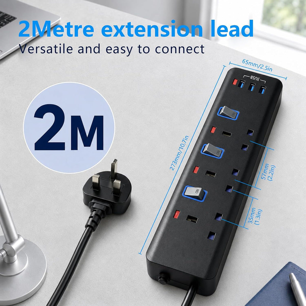 Extension Lead 2M, Extension Lead with USB Slots (3 USB), 13A 3250W