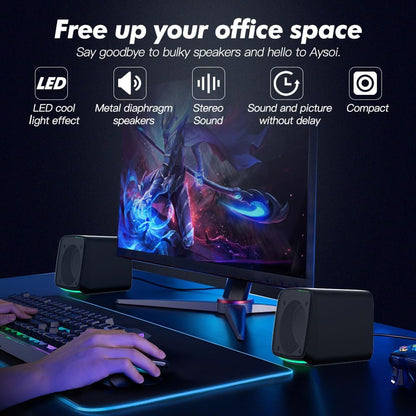 PC Speakers, USB Powered Speaker Set, Jack AUX 3.5Mm,Portable Mini Speaker for Laptop Smartphones MAC, Colorful RGB Lights