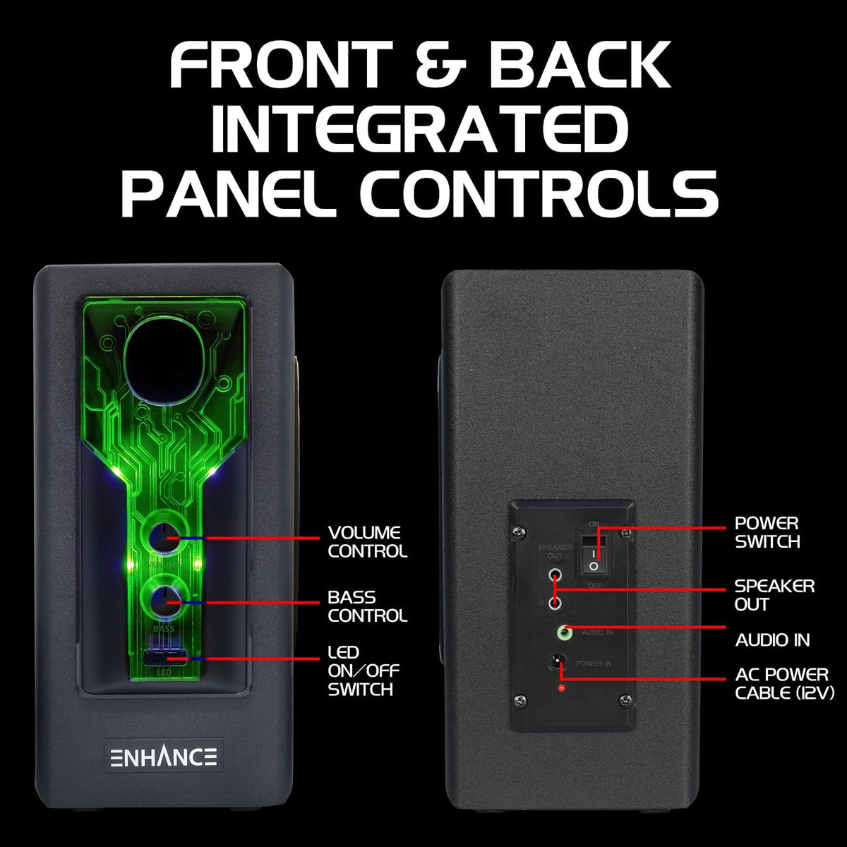 SB 2.1 Computer Speakers - Green LED Computer Gaming Speakers with Subwoofer, High Excursion Sound System, Volume and Bass Control, Compatible with Gaming PC, Desktop, Laptop