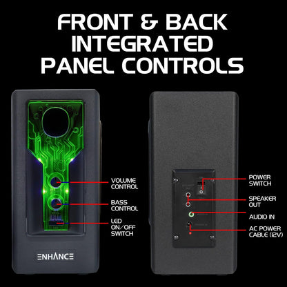 SB 2.1 Computer Speakers - Green LED Computer Gaming Speakers with Subwoofer, High Excursion Sound System, Volume and Bass Control, Compatible with Gaming PC, Desktop, Laptop
