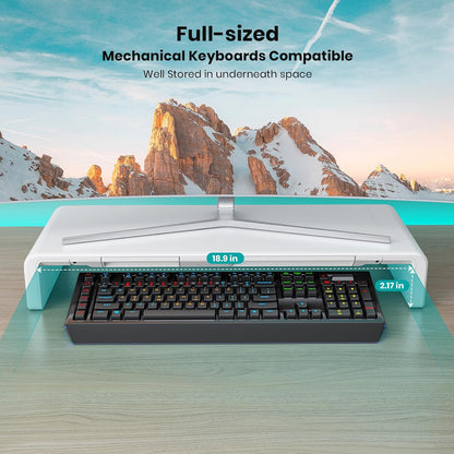 Foldable Monitor Stand - Klearlook Computer Monitor Riser with Storage Drawer&Tablet Phone Stand| Width Adjustable Monitor Stands for Desks| Desk Shelf Riser for Computer, Desktop, Laptop| White