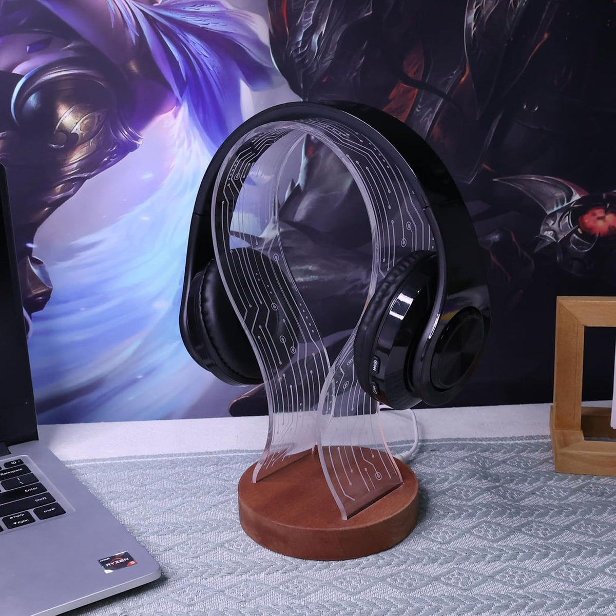 Headphone Stand, Wood Headset Holder with Blue Pink LED Night Light for Gamers, Men, and Music Lovers - Perfect Desk Gift Idea
