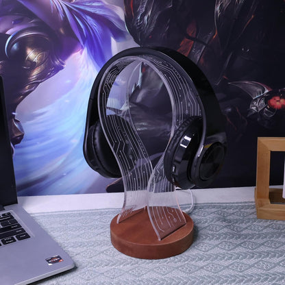 Headphone Stand, Wood Headset Holder with Blue Pink LED Night Light for Gamers, Men, and Music Lovers - Perfect Desk Gift Idea
