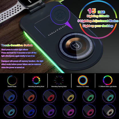 Wireless Charging Mouse Pad 15W RGB Gaming Mouse Mat, Waterproof Desk Mat with Phone Holder, 900X300X4Mm Extra Large Mousepad, Non-Slip Base LED Computer Keyboard Mat for PC Laptop, Black