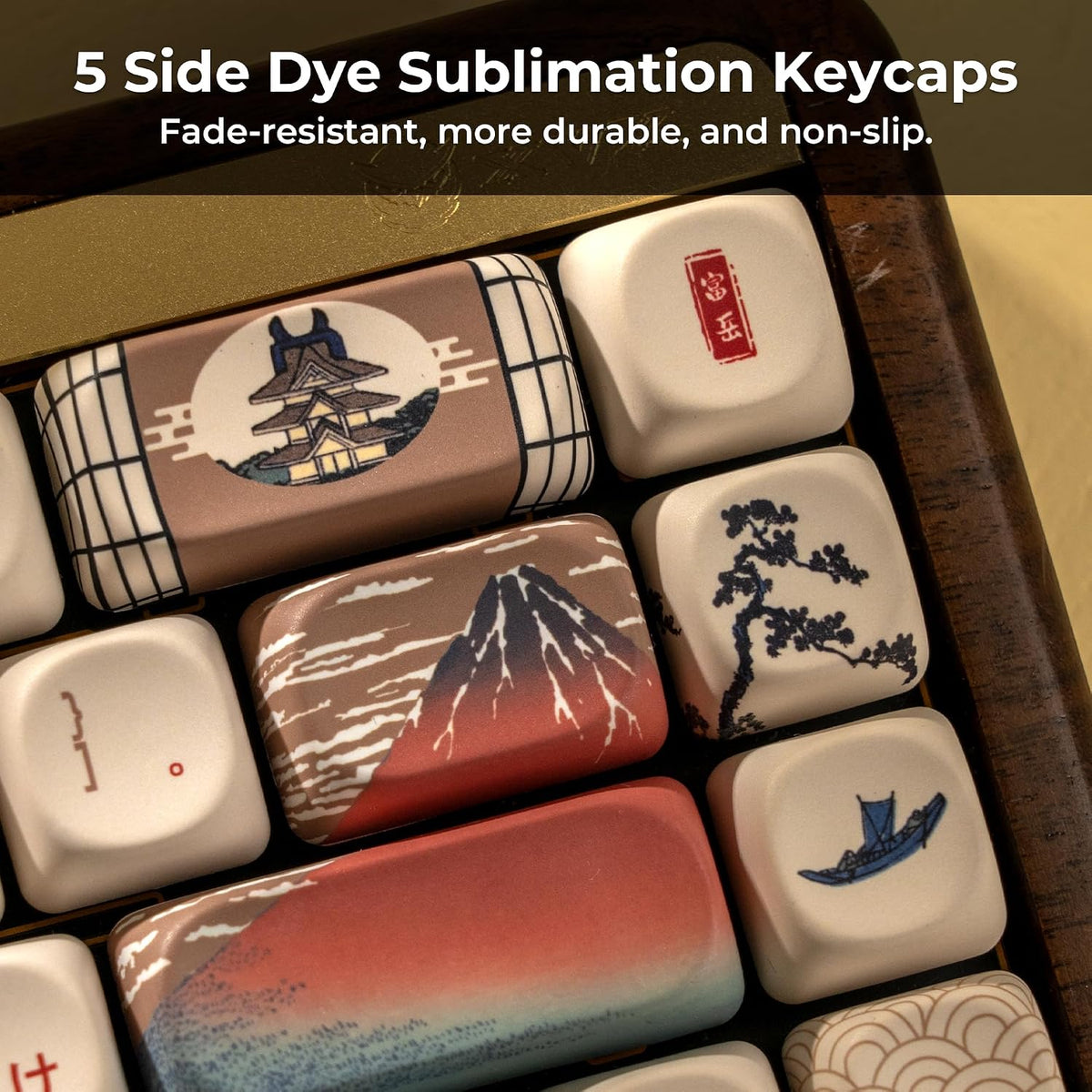 XVX MOA Profile Japanese Fuji Mountain Theme PBT Keycaps Set, 140-Key Coffee & Cream Custom Keycaps for US Layout Mechanical Keyboards (Brown/Beige Design with Key Puller)