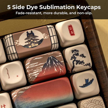 XVX MOA Profile Japanese Fuji Mountain Theme PBT Keycaps Set, 140-Key Coffee & Cream Custom Keycaps for US Layout Mechanical Keyboards (Brown/Beige Design with Key Puller)