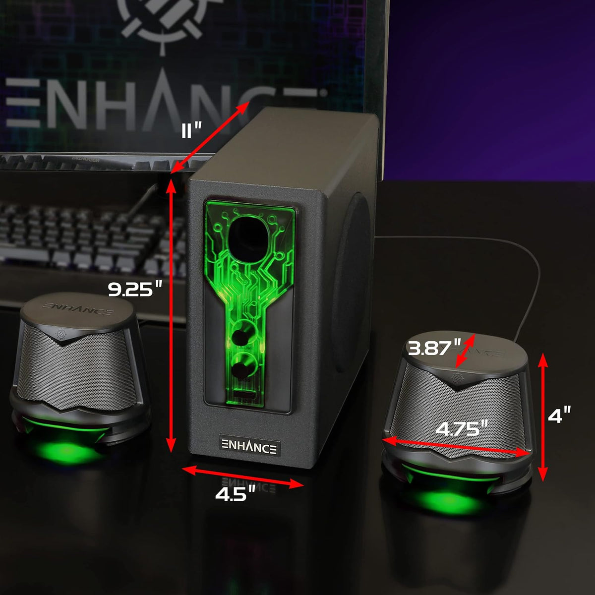 SB 2.1 Computer Speakers - Green LED Computer Gaming Speakers with Subwoofer, High Excursion Sound System, Volume and Bass Control, Compatible with Gaming PC, Desktop, Laptop