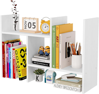 Wood Desktop Bookshelf Adjustable Desk Shelves Freestanding Home and Office Supplies Storage Display Shelf Desk Tidy Organiser,White