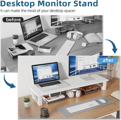 Dual Monitor Stand Riser – 91X26Cm Desk Shelf for 2 Screens White