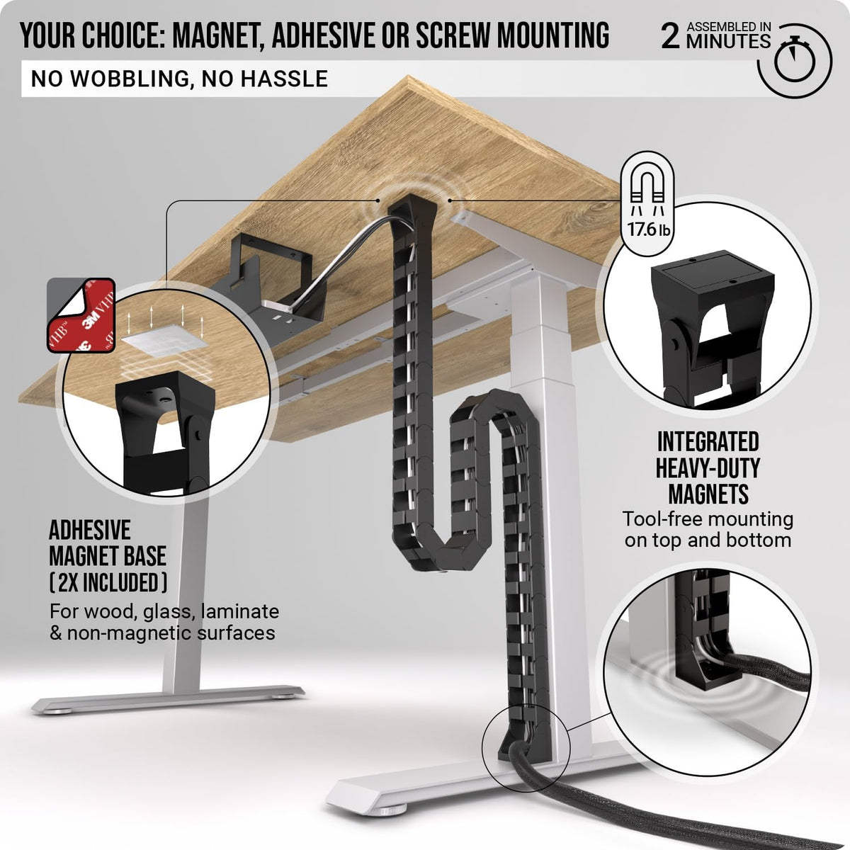 Standing Desk Cable Management – Magnetic Cable Spine, 133 Cm, Black