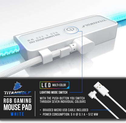 CSL - XXL RGB Gaming Mouse Mat - LED Desk Pad - 900X400 Mm Oversize - XXL Mouse Pad - LED Multi Colour - 11 Lighting Modes - 7 LED Colours plus 4 Effect Modes - Washable - White