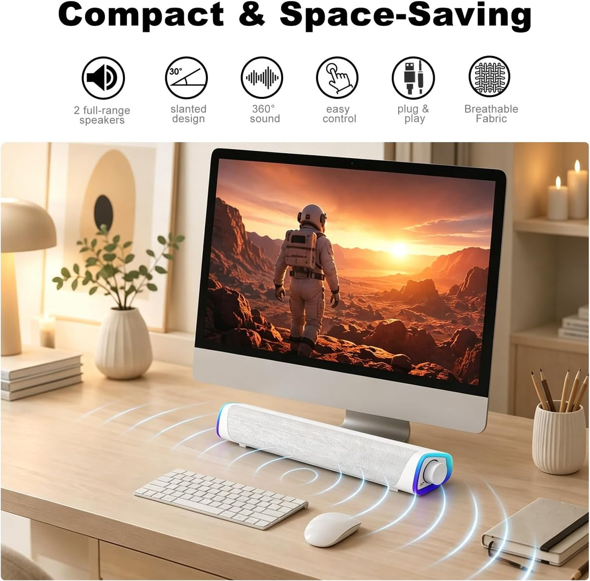 R30 PC Speakers, Colorful LED Lights with Switch Button, White