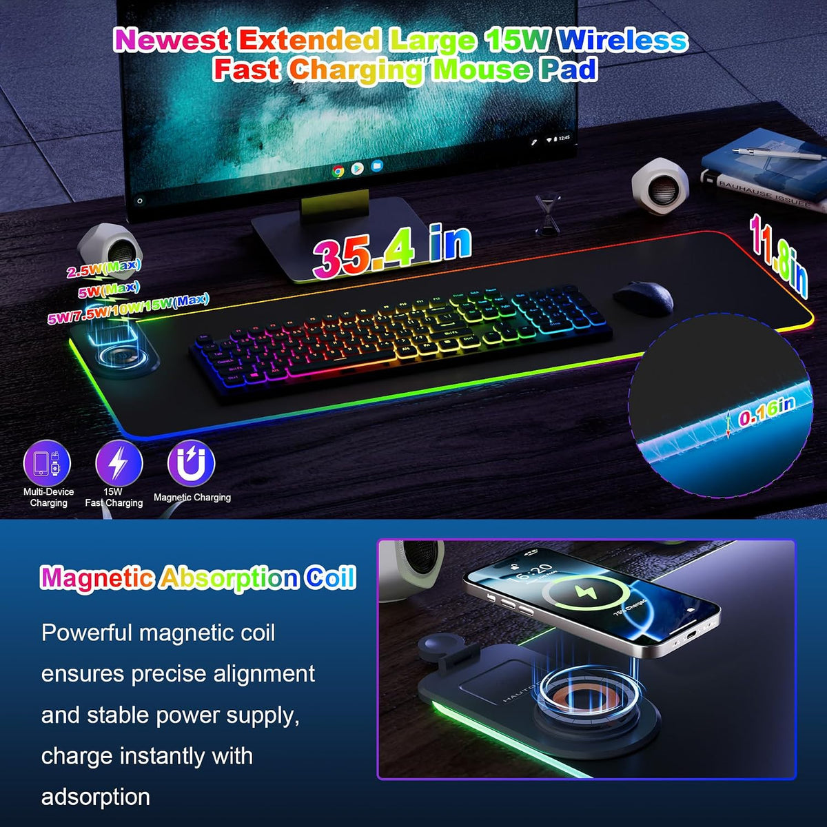 Wireless Charging Mouse Pad 15W RGB Gaming Mouse Mat, Waterproof Desk Mat with Phone Holder, 900X300X4Mm Extra Large Mousepad, Non-Slip Base LED Computer Keyboard Mat for PC Laptop, Black