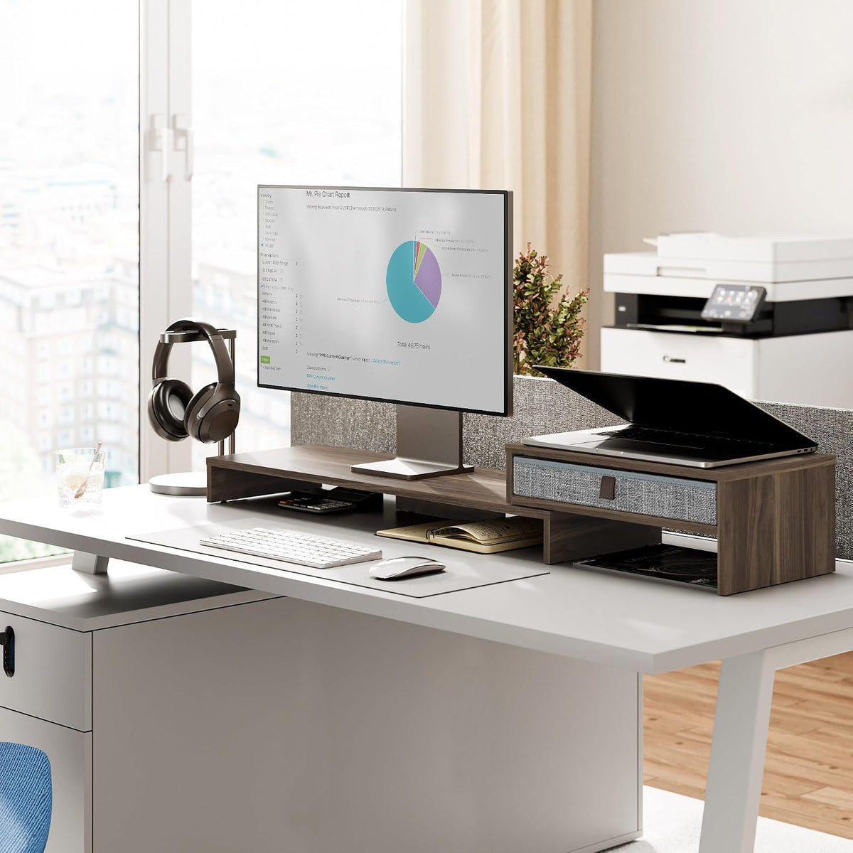 Dual Monitor Stand with Drawer,With Adjustable Length and Angle,Brown