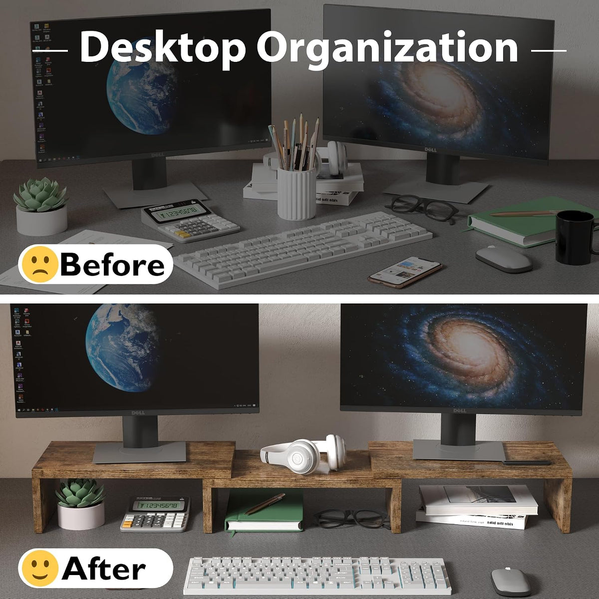 Dual Monitor Riser, Stepless Adjustable Length & Angle, Rustic Brown
