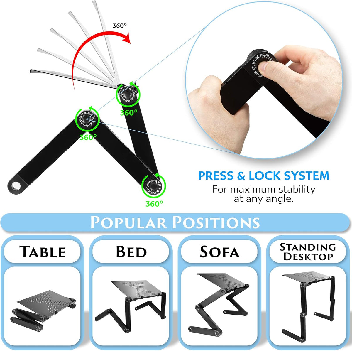 Folding Laptop Stand Standing Desk Converter Laptop Bed Table Riser Tray Holder for Couch Sofa Lapdesk Laptray Height Adjustable Portable with Legs Mouse Pad Black