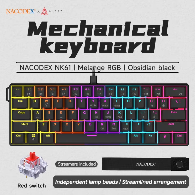 NK61 Mechanical Wired Gaming Keyboard RGB Lighting Effects Supports Hot-Swappable 61 Keys Mechanical Gaming Keyboard