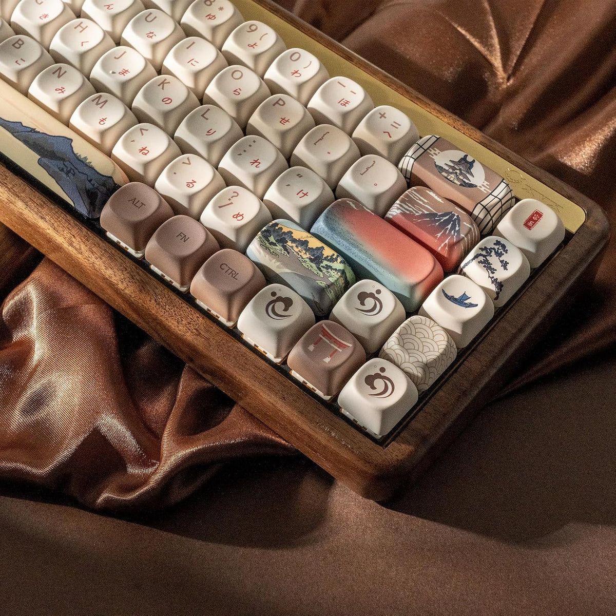 XVX MOA Profile Japanese Fuji Mountain Theme PBT Keycaps Set, 140-Key Coffee & Cream Custom Keycaps for US Layout Mechanical Keyboards (Brown/Beige Design with Key Puller)
