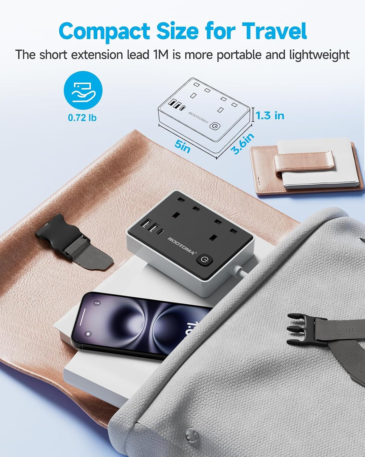 Black Extension Lead 1M with 3 USB Slots, 2 Gang Short Extension Lead