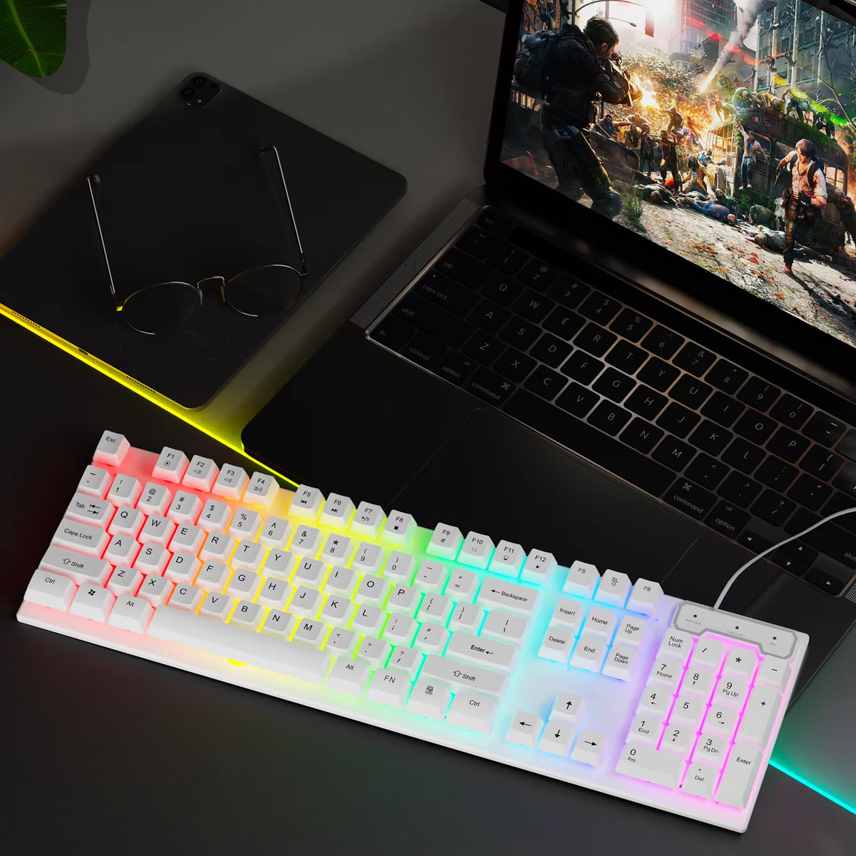 GX30Z Wired Gaming Keyboard Silent, 104 Keys Full Size LED Rainbow Backlit, Numeric Keys, Game, Office, Windows Laptop PC
