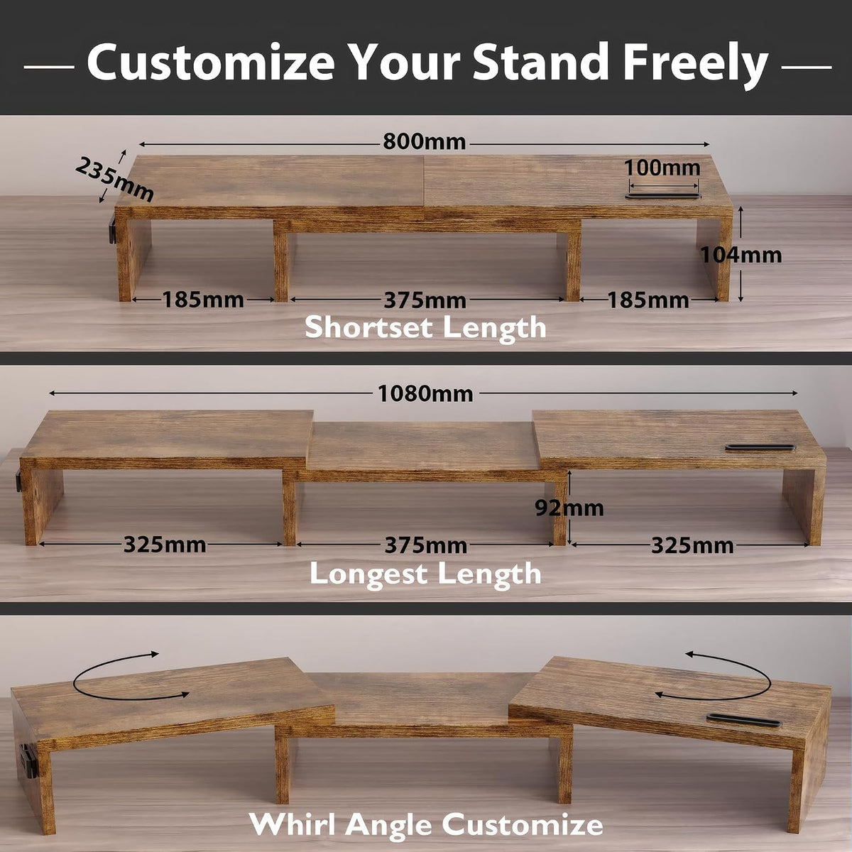 Dual Monitor Riser, Stepless Adjustable Length & Angle, Rustic Brown