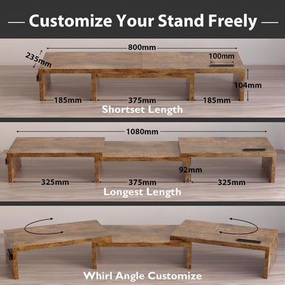 Dual Monitor Riser, Stepless Adjustable Length & Angle, Rustic Brown
