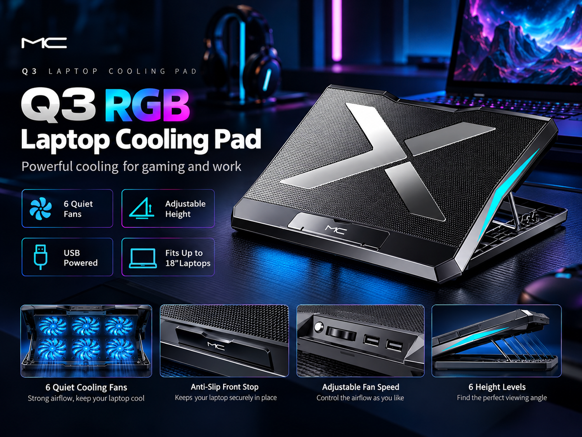 Q3 Gaming Laptop Cooling Pad – 6 Fans & Adjustable Height
