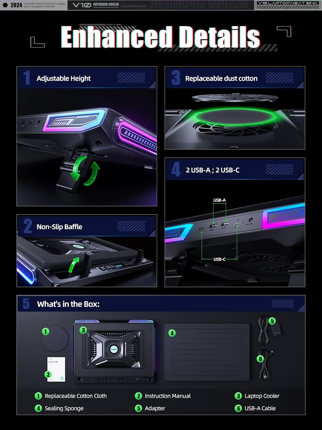 V10 Gaming Laptop Cooling Pad, RGB Laptop Cooler Stand