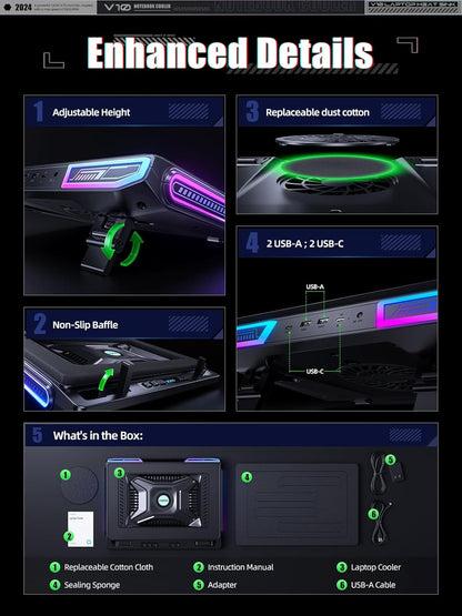 V10 Gaming Laptop Cooling Pad, RGB Laptop Cooler Stand
