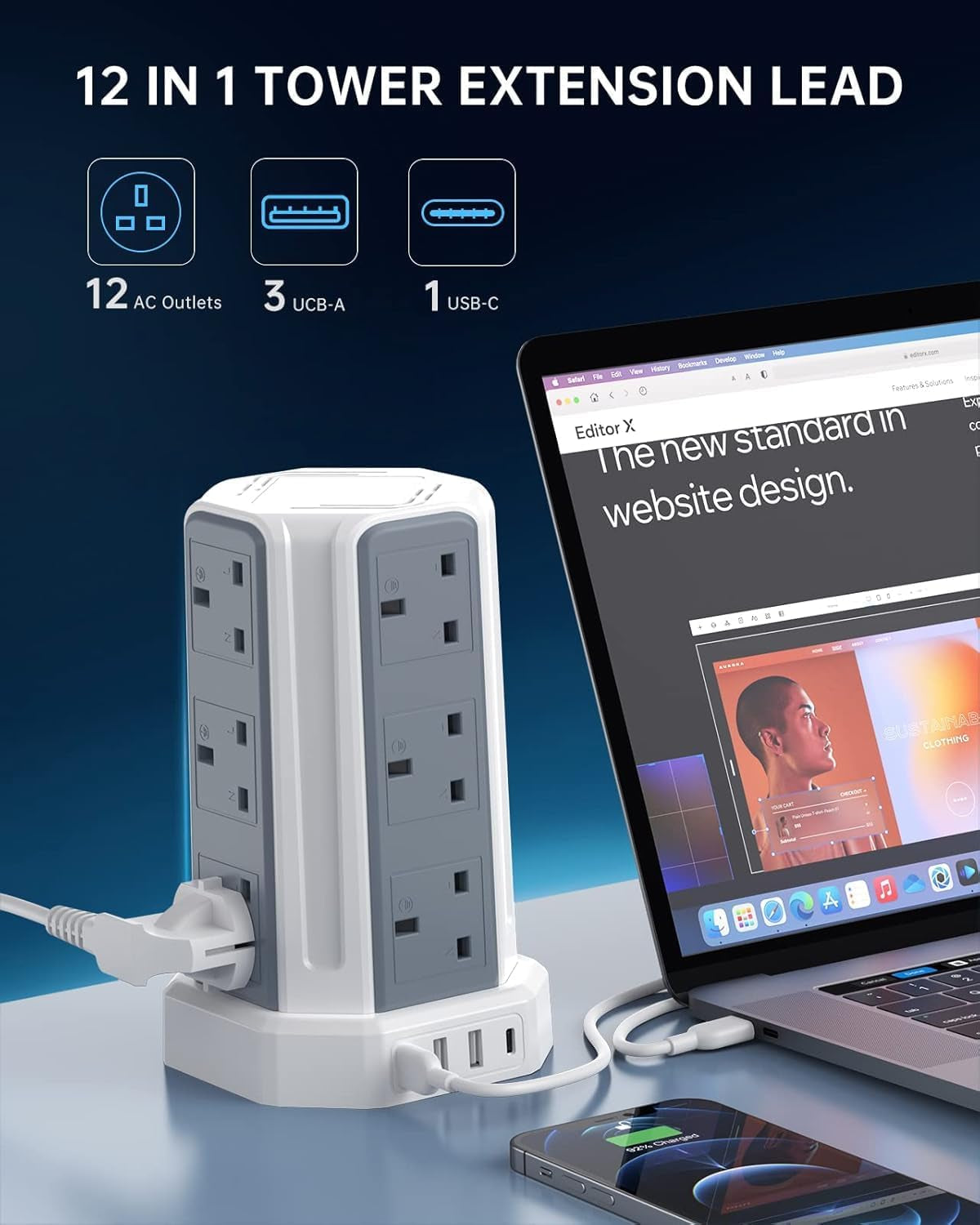 Tower Extension Lead 2M, Extension Cable with Usb Ports