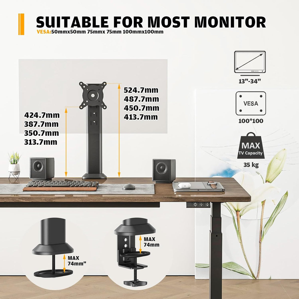 Single Desk Monitor Arm Mount Stand Fit for 13 Inch to 32 Inch Flat Curved Computer Screen with Swivel, Height Adjustable, Rotation,Holds up to 35KG, Black
