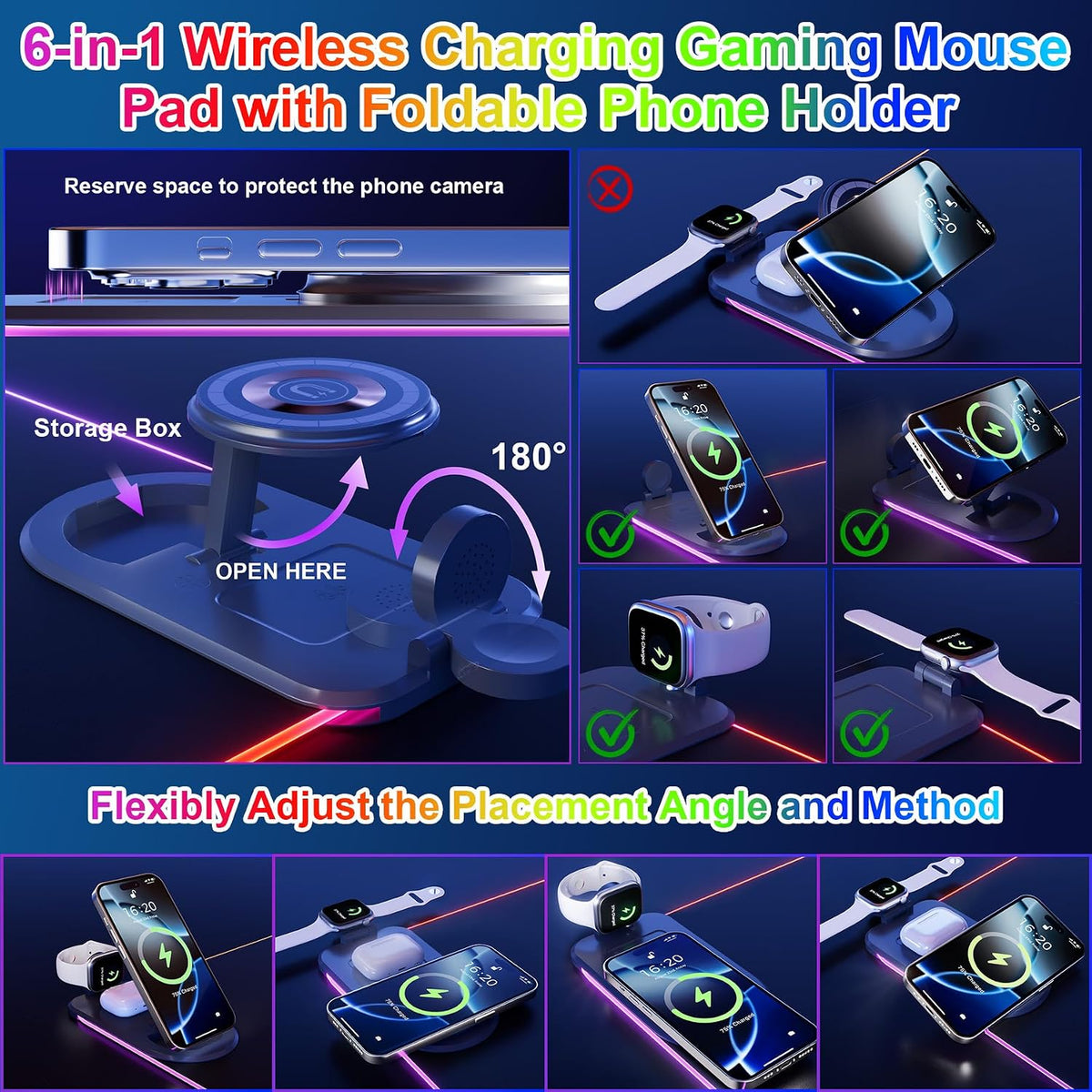 Wireless Charging Mouse Pad 15W RGB Gaming Mouse Mat, Waterproof Desk Mat with Phone Holder, 900X300X4Mm Extra Large Mousepad, Non-Slip Base LED Computer Keyboard Mat for PC Laptop, Black