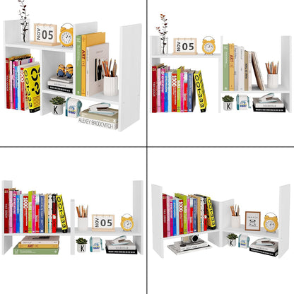 Wood Desktop Bookshelf Adjustable Desk Shelves Freestanding Home and Office Supplies Storage Display Shelf Desk Tidy Organiser,White