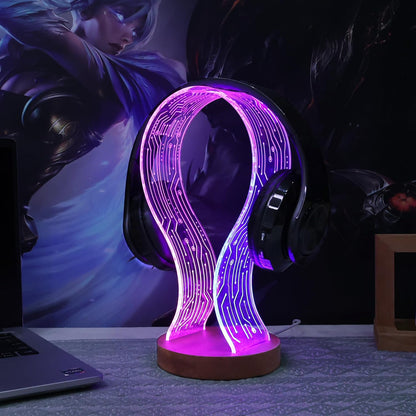 Headphone Stand, Wood Headset Holder with Blue Pink LED Night Light for Gamers, Men, and Music Lovers - Perfect Desk Gift Idea
