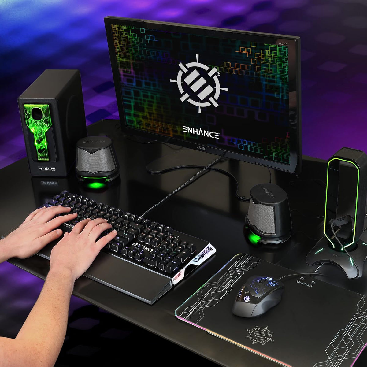 SB 2.1 Computer Speakers - Green LED Computer Gaming Speakers with Subwoofer, High Excursion Sound System, Volume and Bass Control, Compatible with Gaming PC, Desktop, Laptop