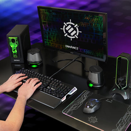 SB 2.1 Computer Speakers - Green LED Computer Gaming Speakers with Subwoofer, High Excursion Sound System, Volume and Bass Control, Compatible with Gaming PC, Desktop, Laptop