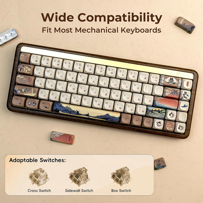 XVX MOA Profile Japanese Fuji Mountain Theme PBT Keycaps Set, 140-Key Coffee & Cream Custom Keycaps for US Layout Mechanical Keyboards (Brown/Beige Design with Key Puller)