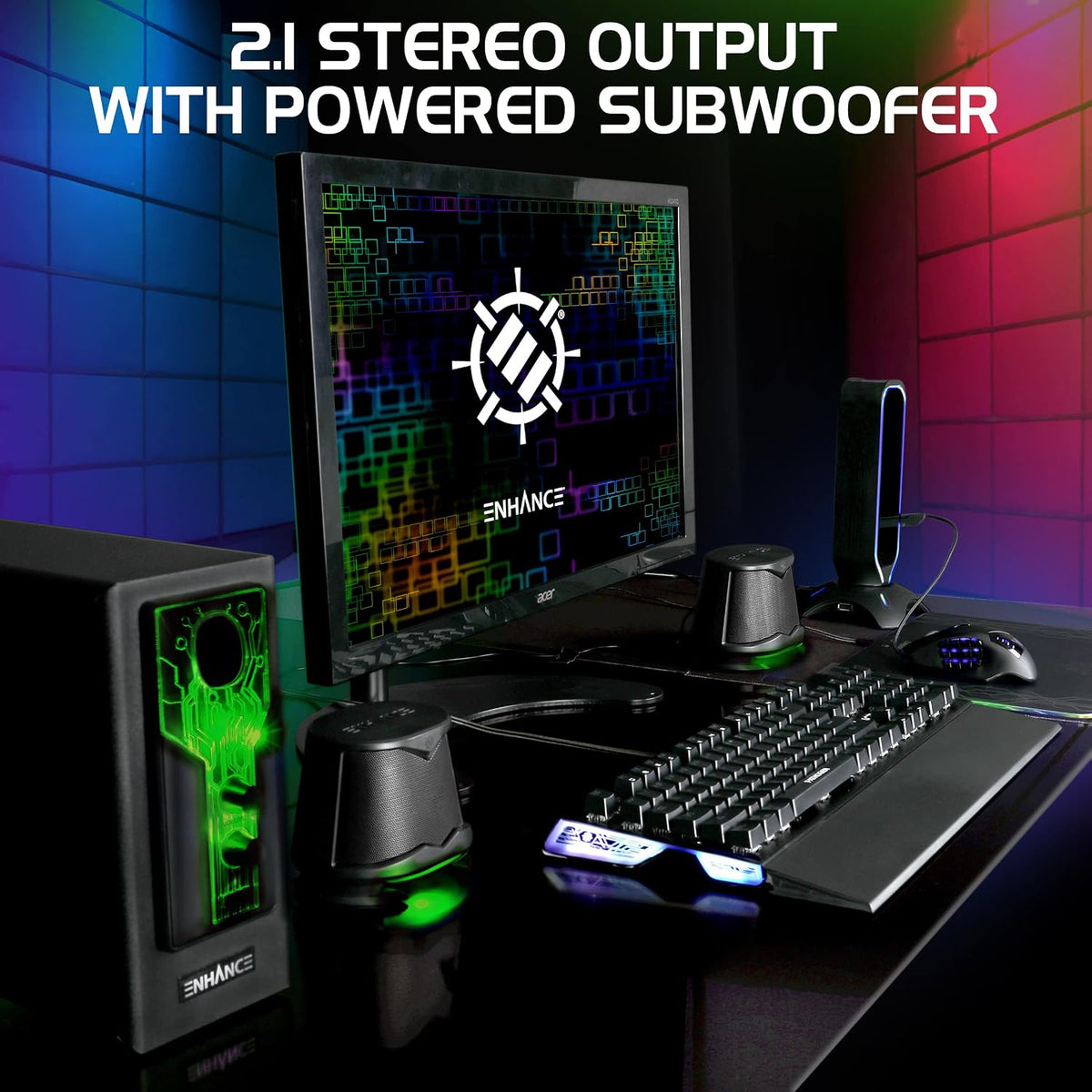 SB 2.1 Computer Speakers - Green LED Computer Gaming Speakers with Subwoofer, High Excursion Sound System, Volume and Bass Control, Compatible with Gaming PC, Desktop, Laptop