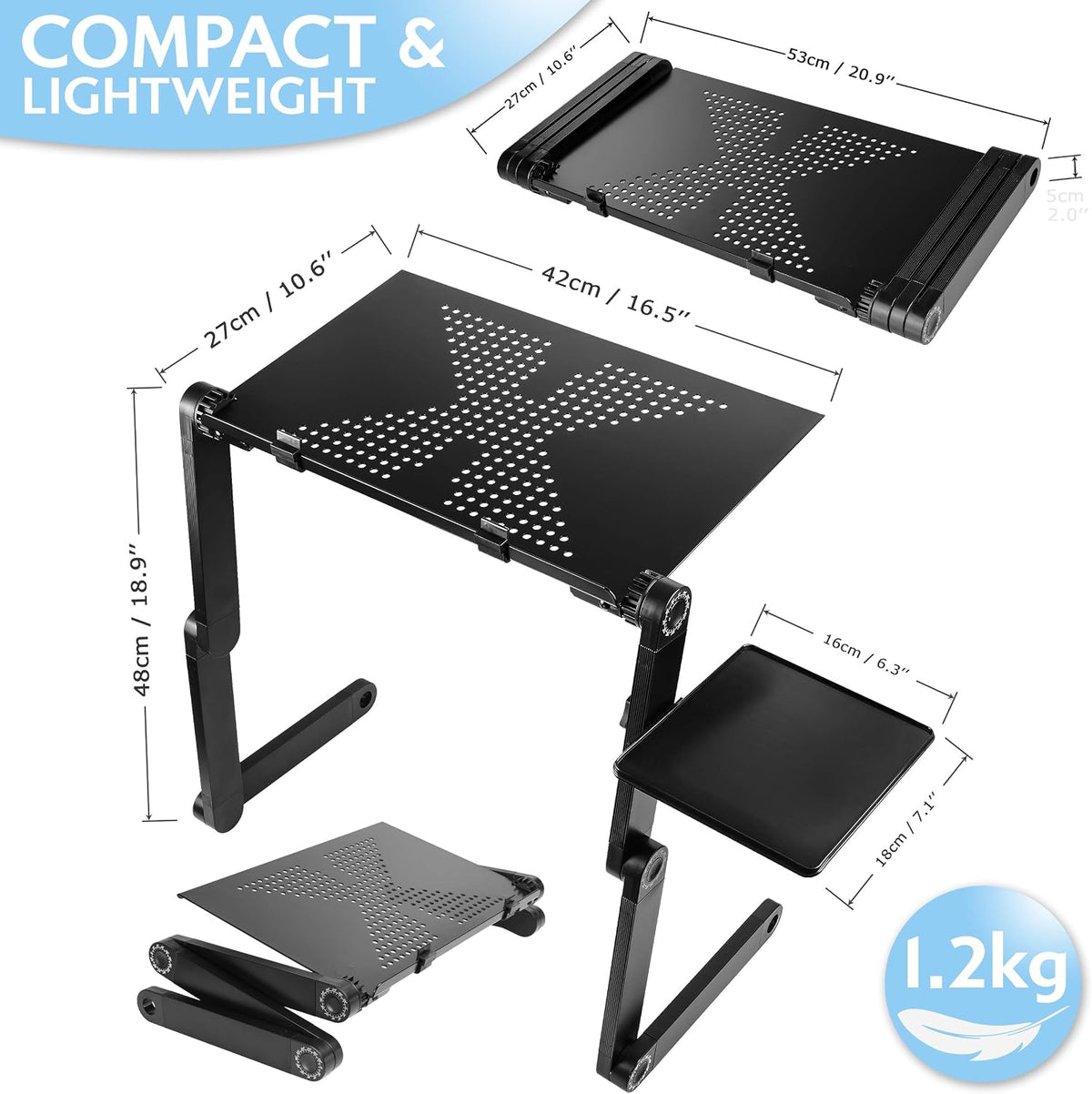 Folding Laptop Stand Standing Desk Converter Laptop Bed Table Riser Tray Holder for Couch Sofa Lapdesk Laptray Height Adjustable Portable with Legs Mouse Pad Black