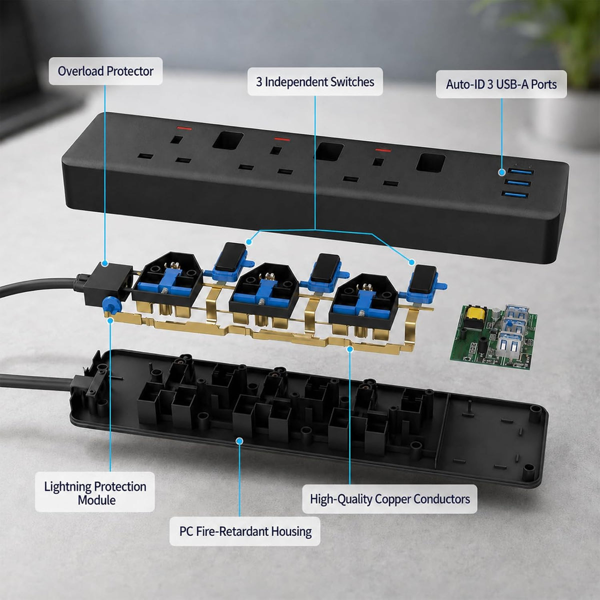Extension Lead 2M, Extension Lead with USB Slots (3 USB), 13A 3250W