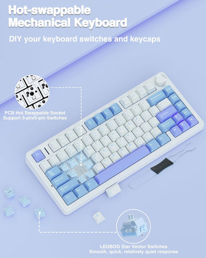 F75 75% Wireless Mechanical Keyboard,2.4Ghz/Type-C/Bt5.0 Gaming Keyboards,Advanced Structure,Rgb Backlight,Hot Swappable Custom Keyboard for Pc/Mac (Blue&Purple)