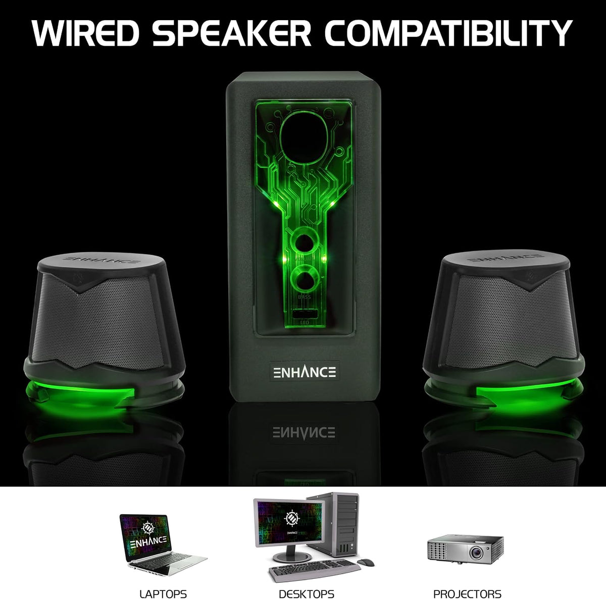 SB 2.1 Computer Speakers - Green LED Computer Gaming Speakers with Subwoofer, High Excursion Sound System, Volume and Bass Control, Compatible with Gaming PC, Desktop, Laptop