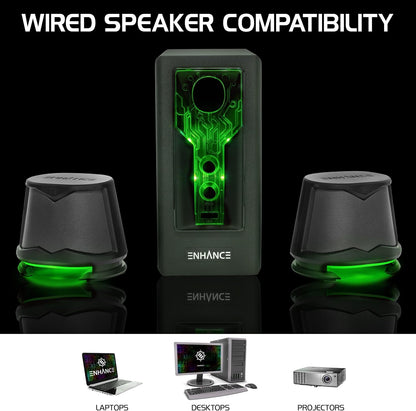 SB 2.1 Computer Speakers - Green LED Computer Gaming Speakers with Subwoofer, High Excursion Sound System, Volume and Bass Control, Compatible with Gaming PC, Desktop, Laptop